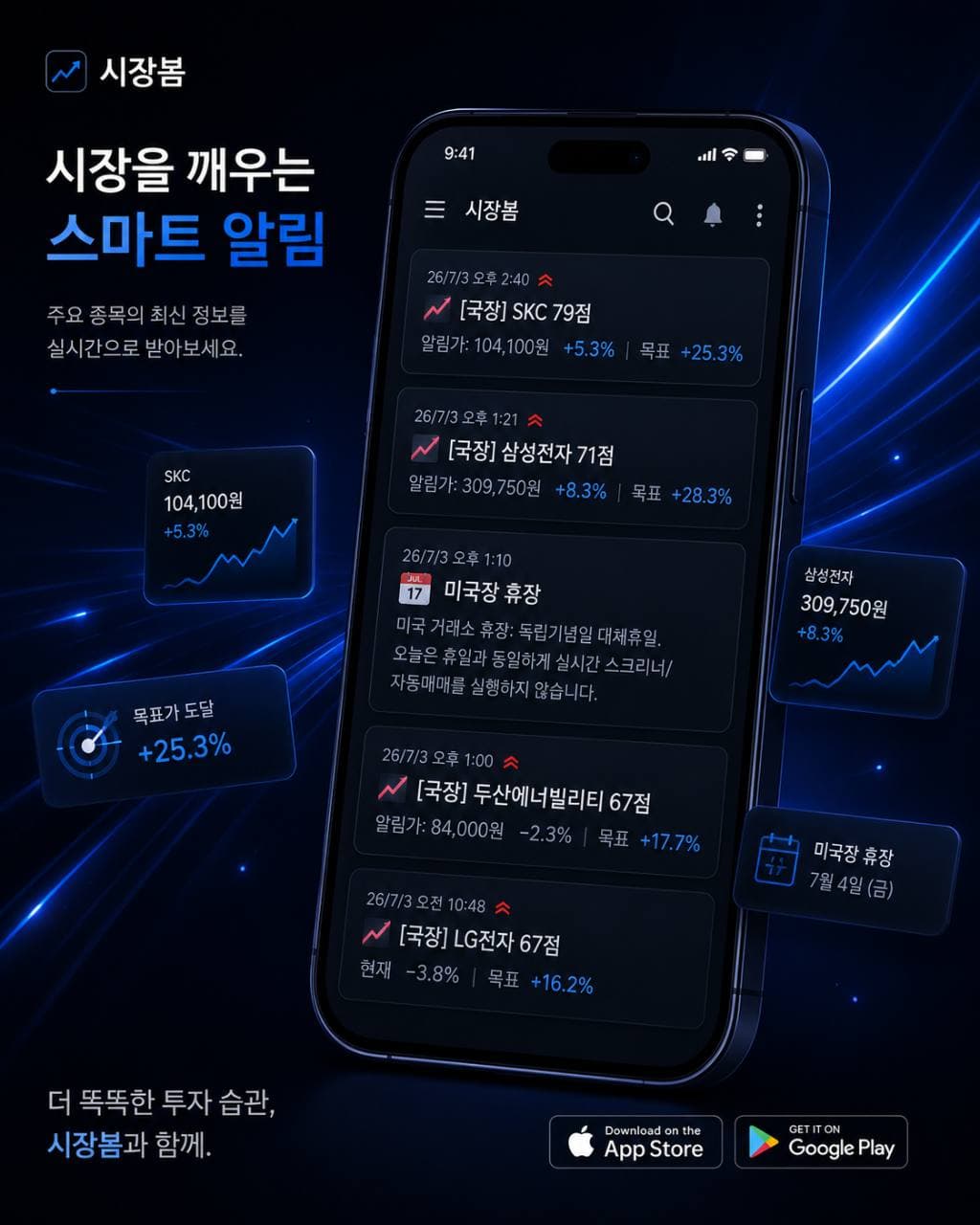 시장봄 스마트 알림 앱 화면을 보여주는 마켓센서 이미지